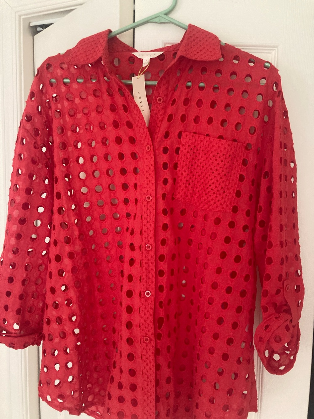 Adiva Red Eyelet Perforated Button-Down Shirt